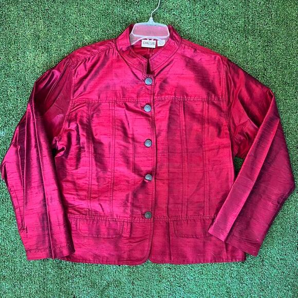 Vintage Chico's red 100% silk button-up textured shirt with mandarin collar sz 3 - Picture 1 of 5